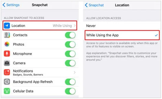snapchat location permissions on iphone
