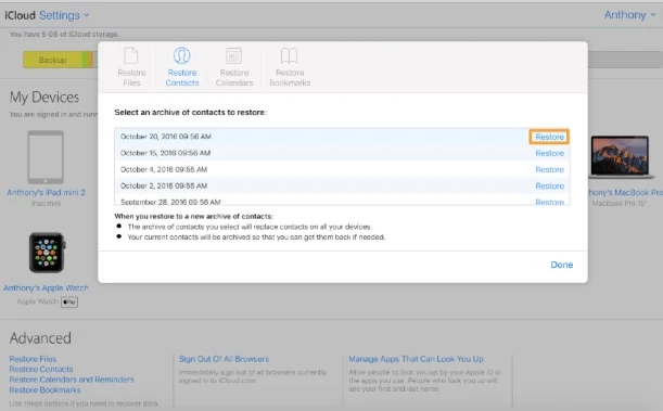 restore icloud contacts