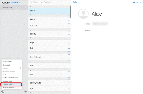 icloud export contacts via vcard