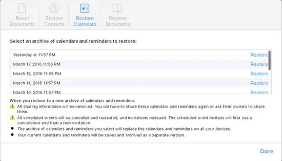 restore reminders and calendars from icloud