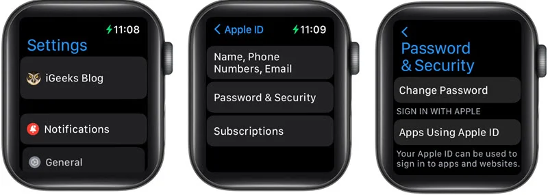 change apple id password on apple watch