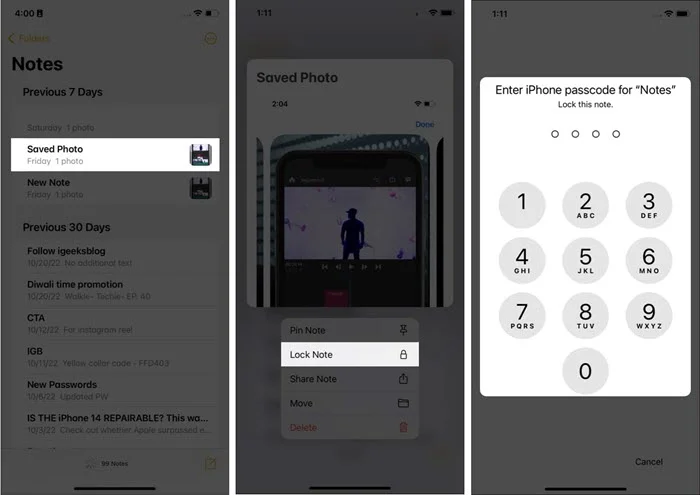 lock notes on iphone