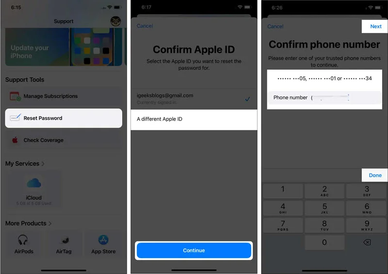 reset apple id password in apple support app