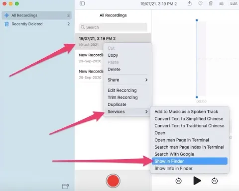 show voice memo in finder