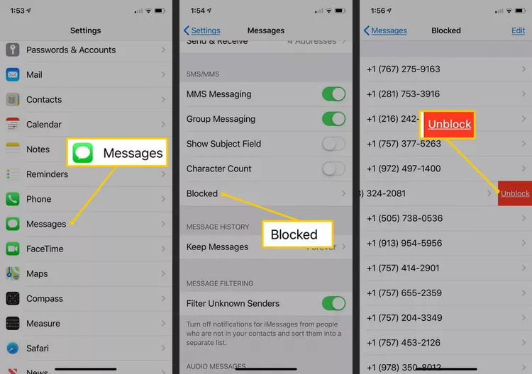 how to unblock numbers on iphone