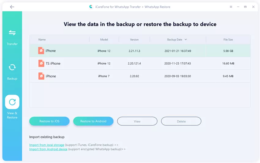 select whatsapp backup to restore