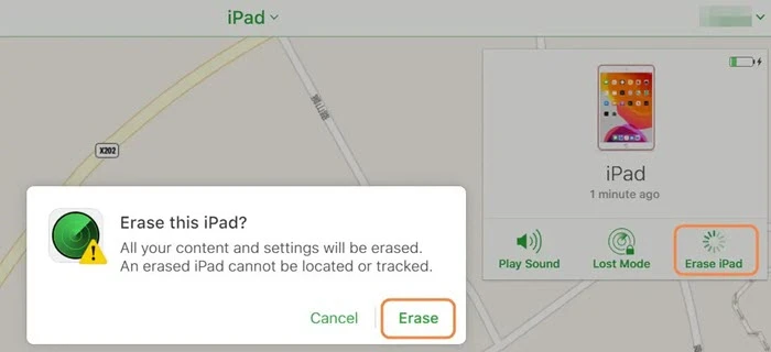 erase ipad on find my